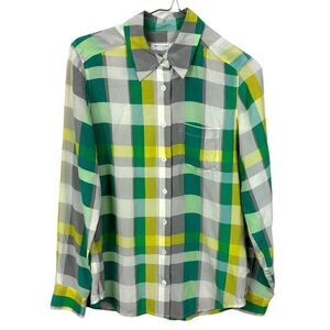 Equipment Green Yellow Silk Plaid Print Button-Up Top
